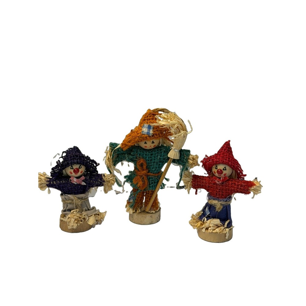Scarecrow Mini Shelf Sitters Burlap Straw Wood Fall Decor Set Of 3 Vintage
